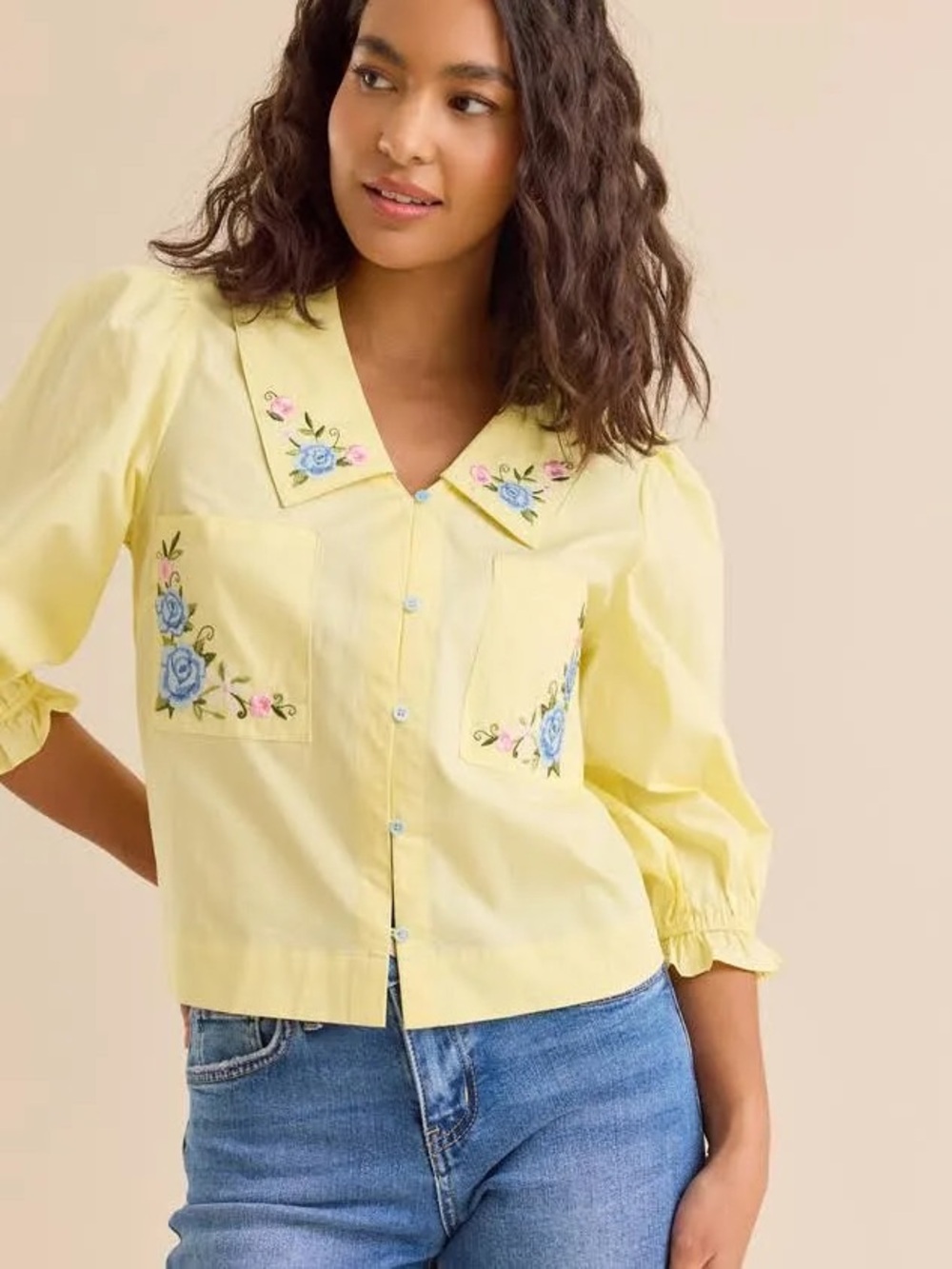 Altar’d State Yellow Floral Embroidered Button-Up Blouse Size S